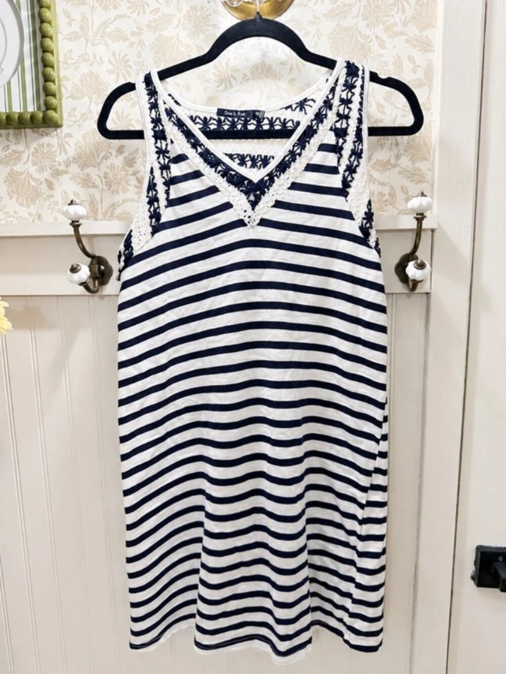 Doe & Rae Navy White Striped Crochet Back Tank Dress Size Small